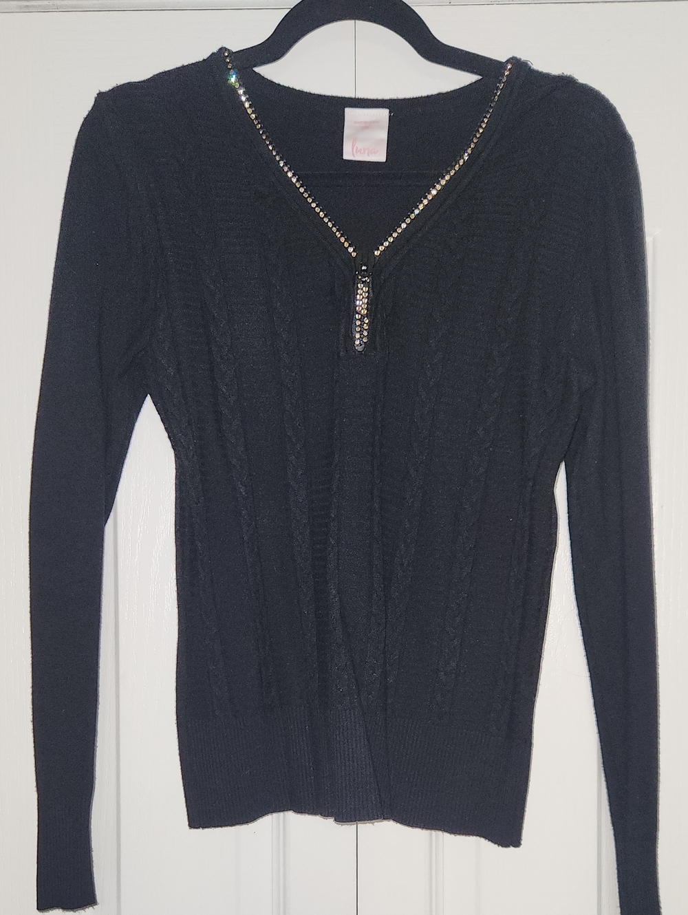 Black V-Neck Cable Knit Sweater with Rhinestone Zip